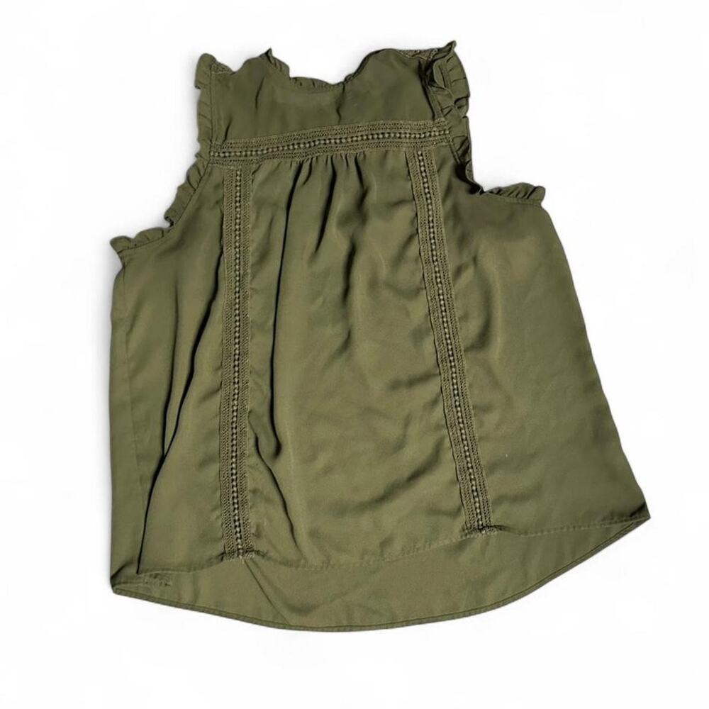Adorable medium olive green semi sheer  chiffon blouse w ruffles knit eyelet